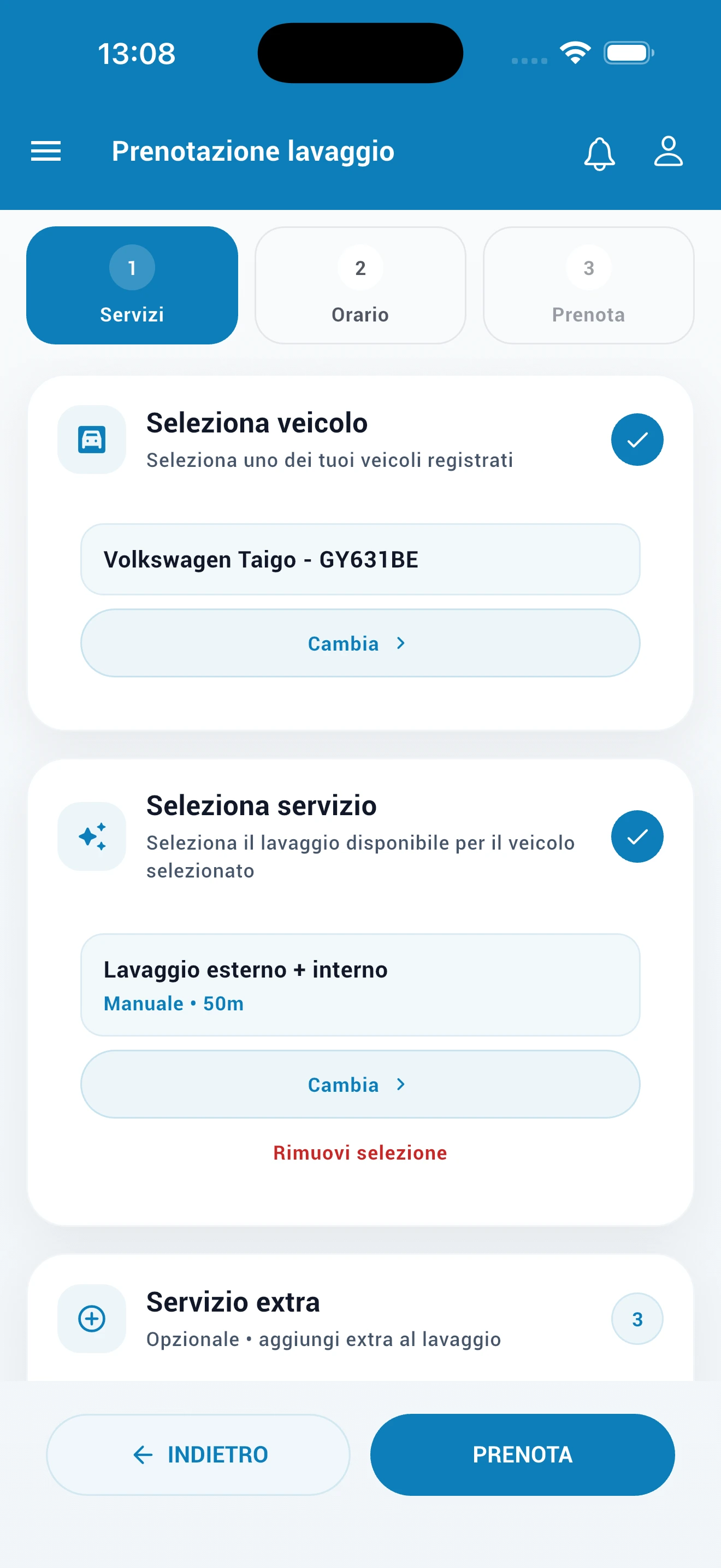 Step 1 prenotazione: veicolo e servizio
