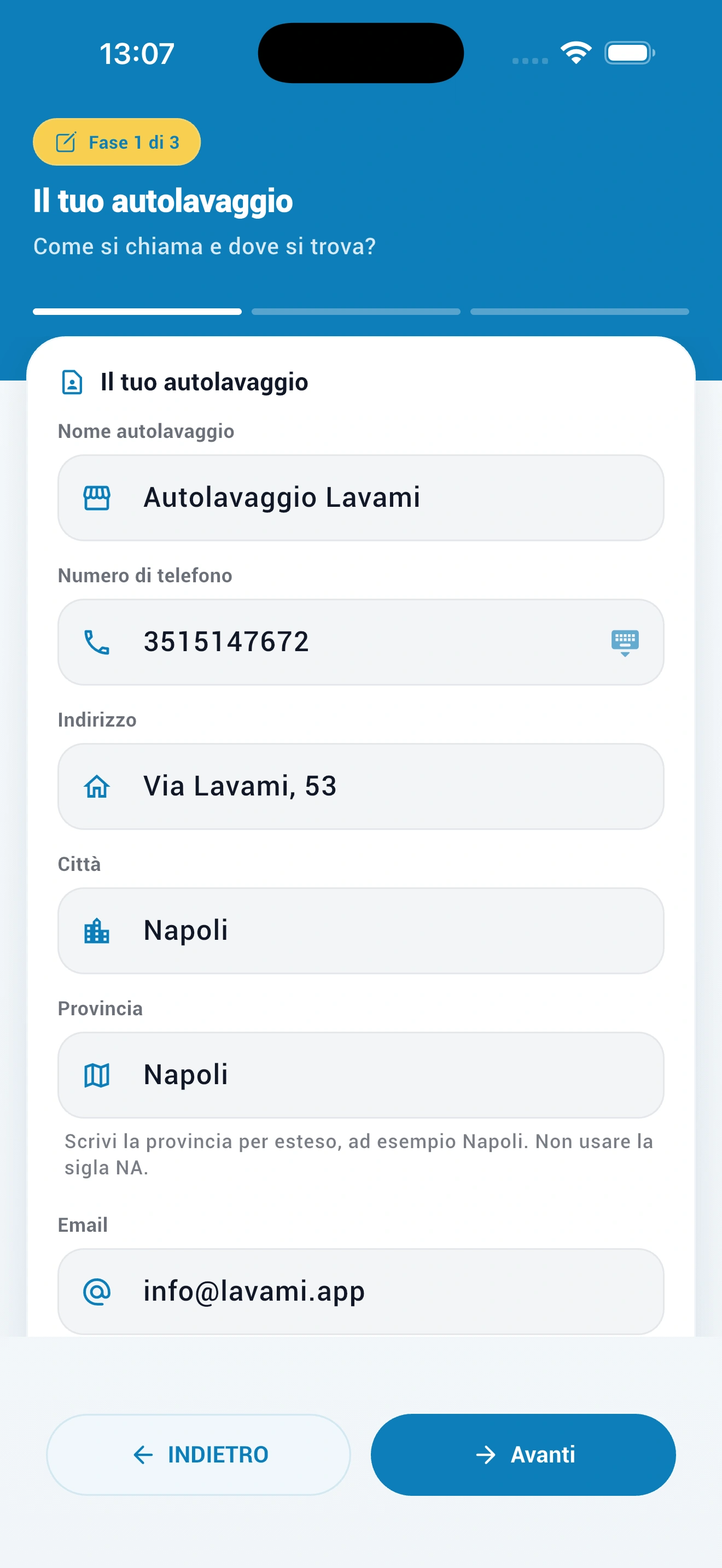 Step 1 registrazione autolavaggio: dati attività