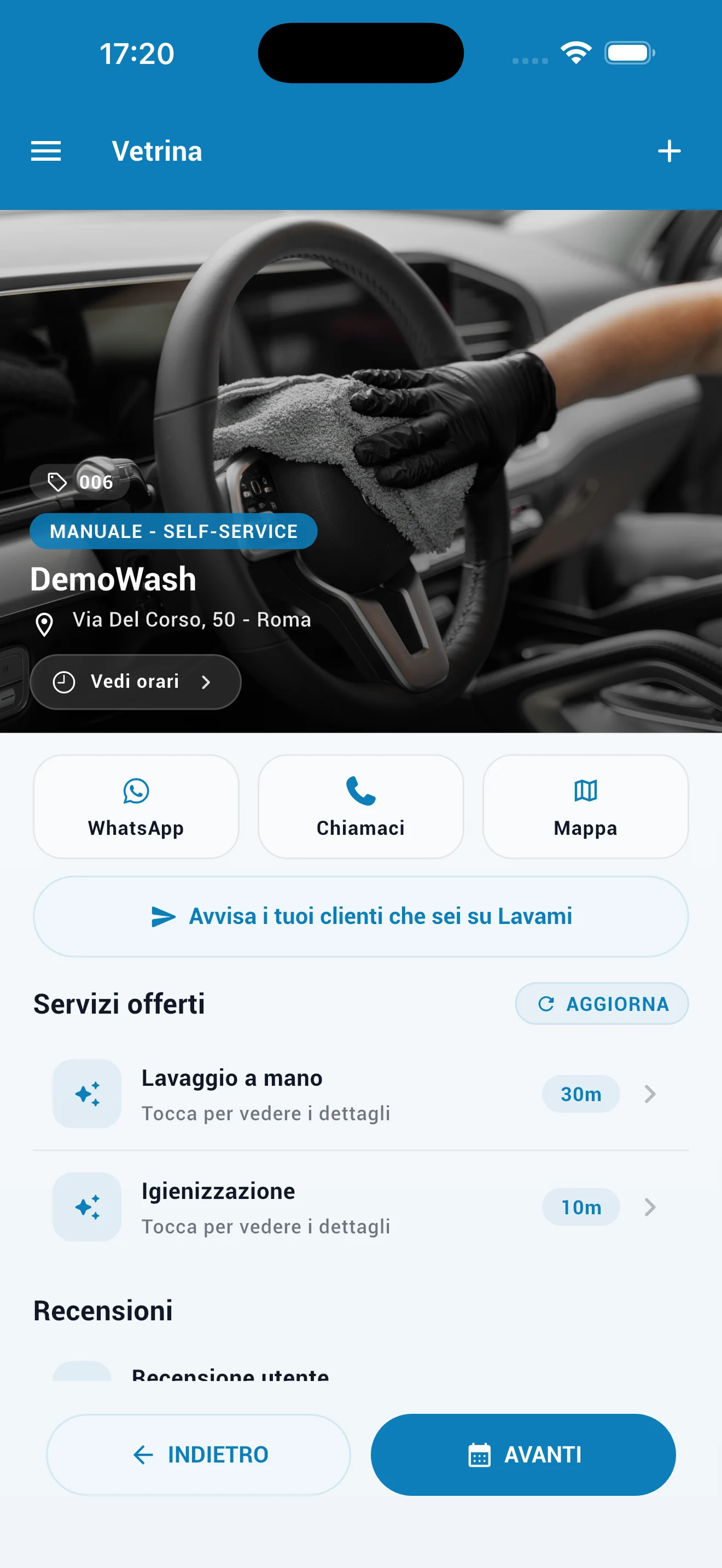 Vetrina autolavaggio nell'app Lavami